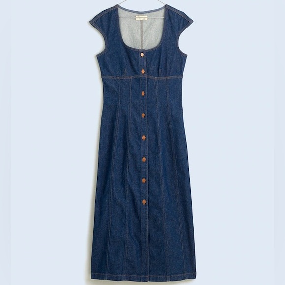 Madewell Denim Square-Neck Midi Dress in Benton Wash - Size 6 - Picture 1 of 7